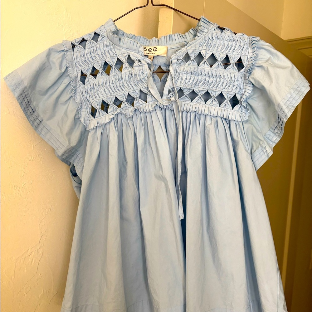 Sea New York Light Blue Smocked Cap Sleeve Cutout Top Short Sleeve Blouse size S